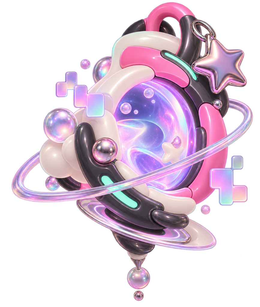 Abstract floating portal sculpture in pink, lilac and mint